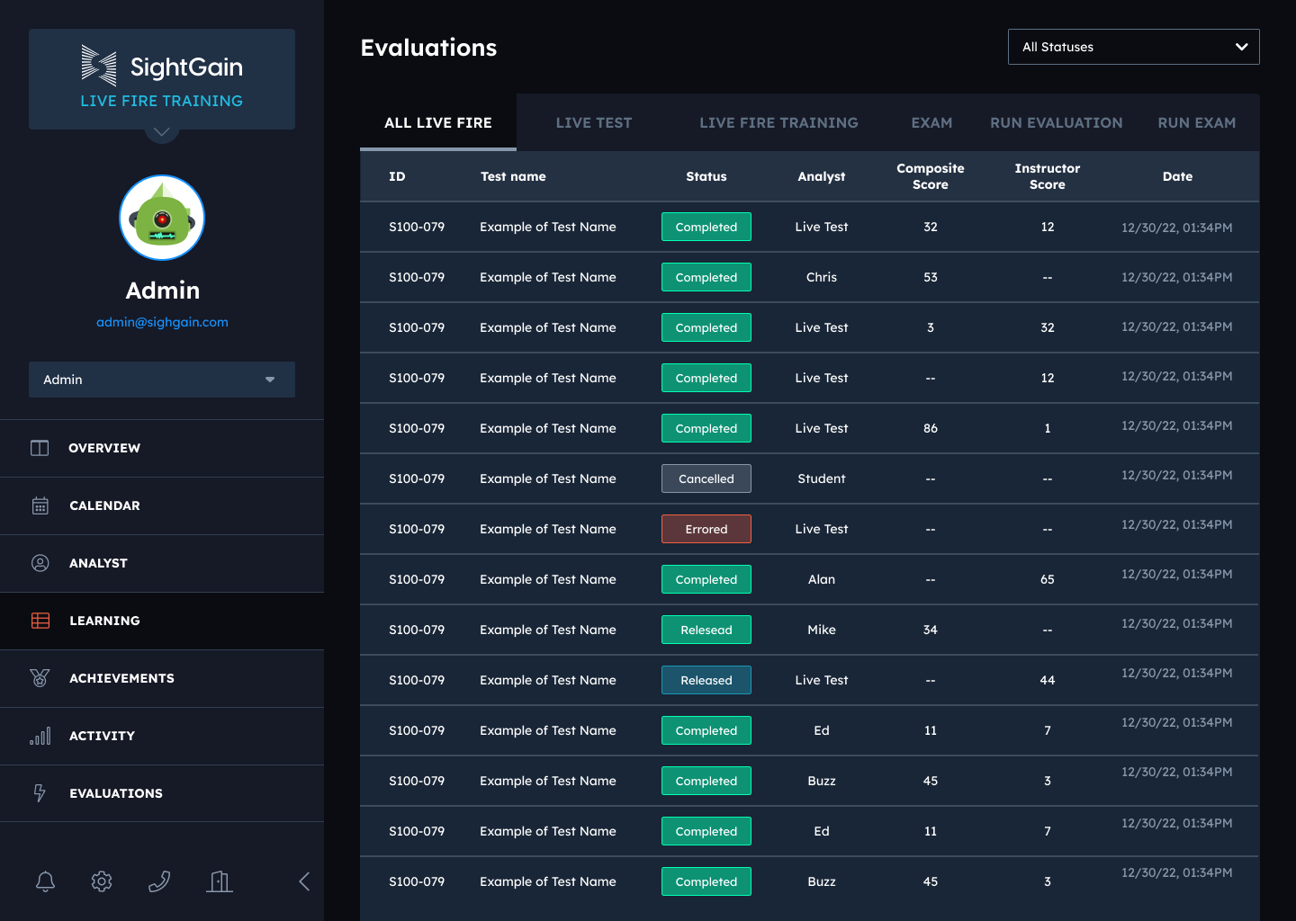 SightGain evaluations interface