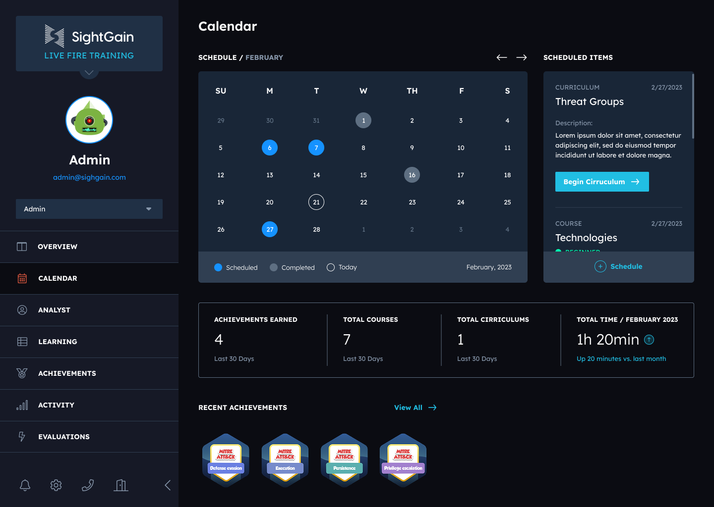 SightGain calendar interface