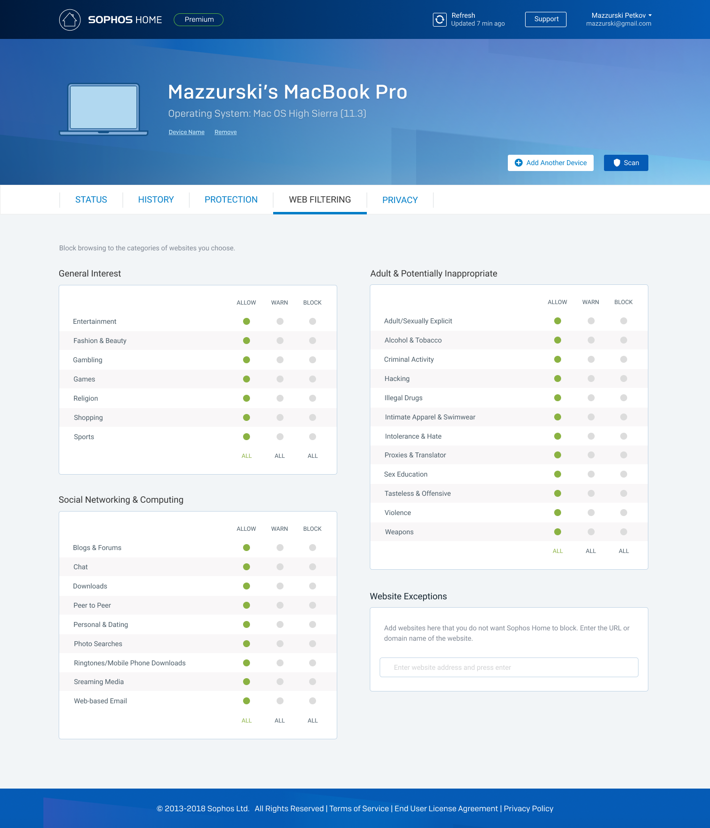 Sophos web filtering interface